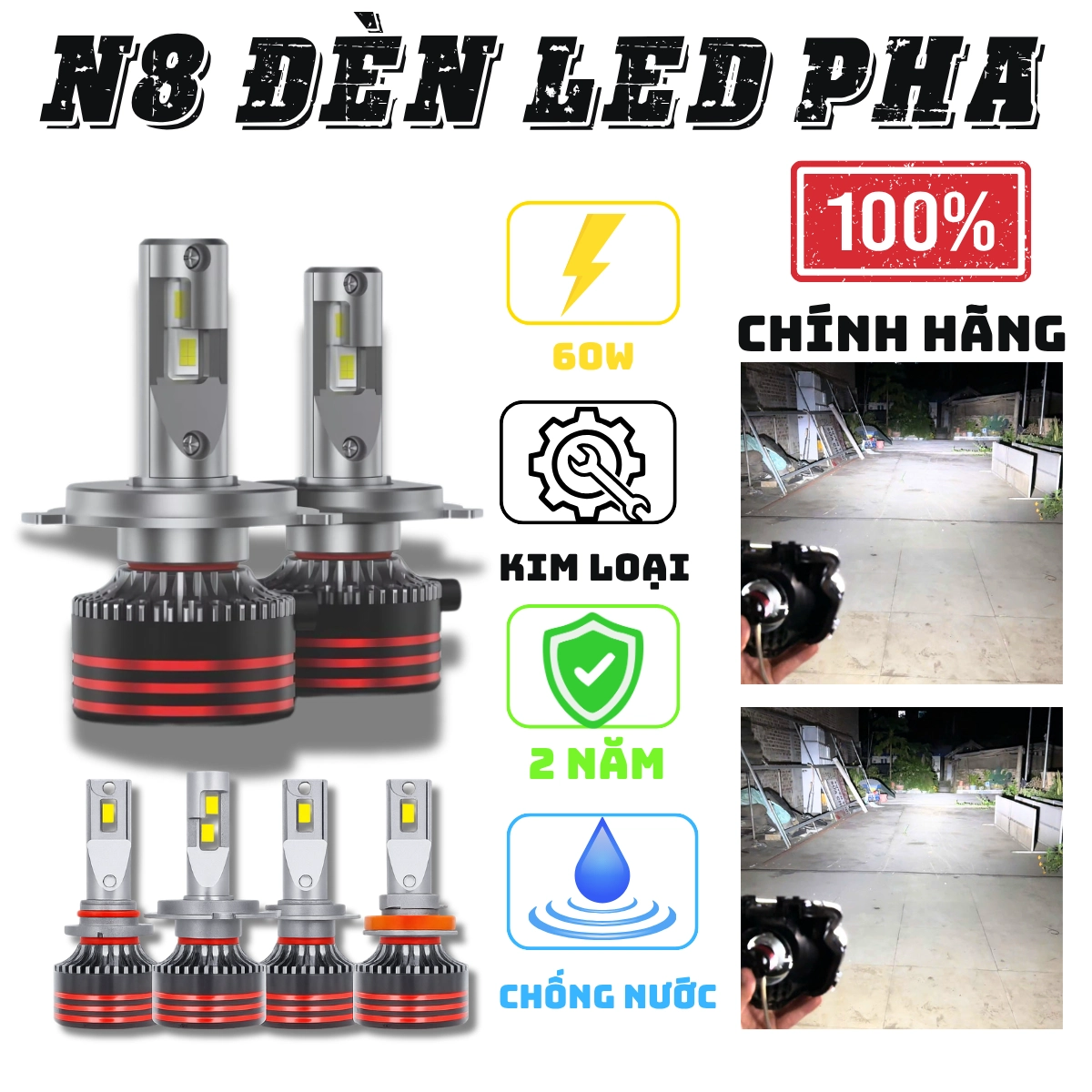 Đèn Led Pha ( N8 - N8S ) H4 -H11-H7-H1-H3-HB3 -HB4 cho OTO - Xe Máy - Công Suất 60W Cos - 65W Pha- BH 24 tháng