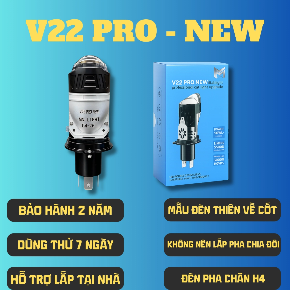 ĐÈN PHA LED BiCauMiNi V22 Pro , 55W Phù Hợp Cho OTo Xe Máy H4 - DC 12-24V ( Tặng Kèm 1 Hậu Audi )
