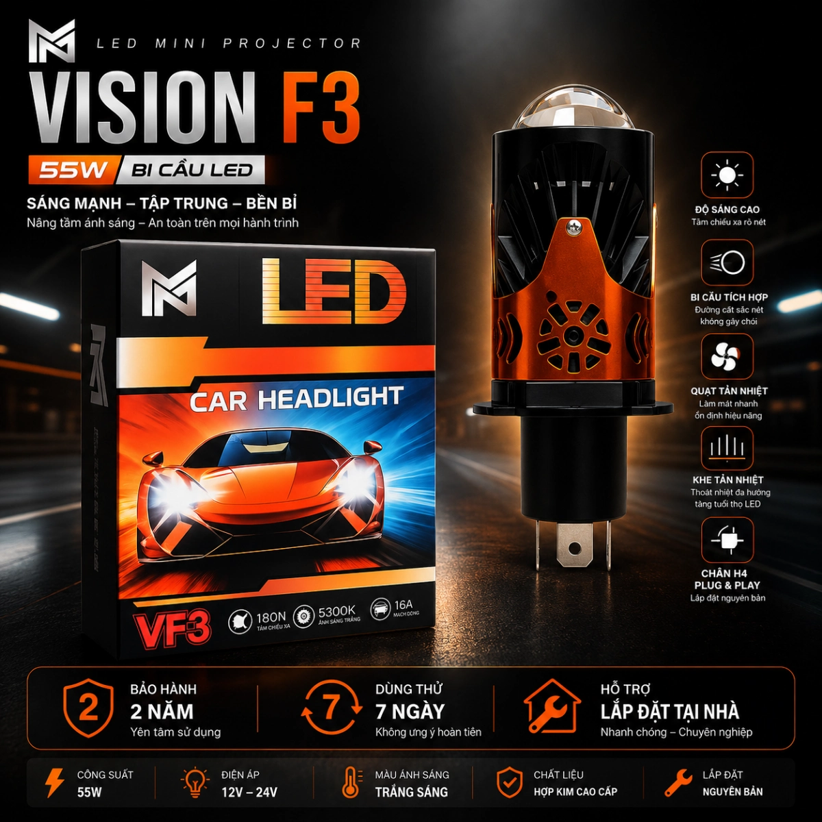 Đèn Pha BI MINI VISON F3 H4 - 55W Bh 2 năm Tặng Kèm 1 Hậu Audi