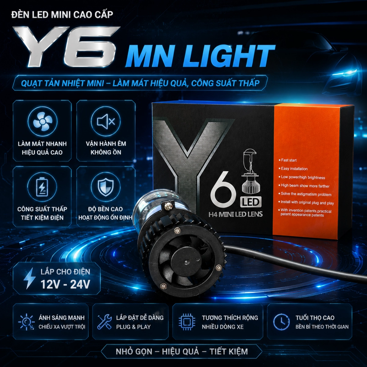 ĐÈN PHA LED Y6-H4 Mẫu mới 2026 .  Bảo hành chính hãng 2 năm lỗi 1 đổi 1 trong 730 ngày - Mang lại ánh sáng tốt và cảm giác lái an toàn Đèn Pha Đèn Phụ Tùng