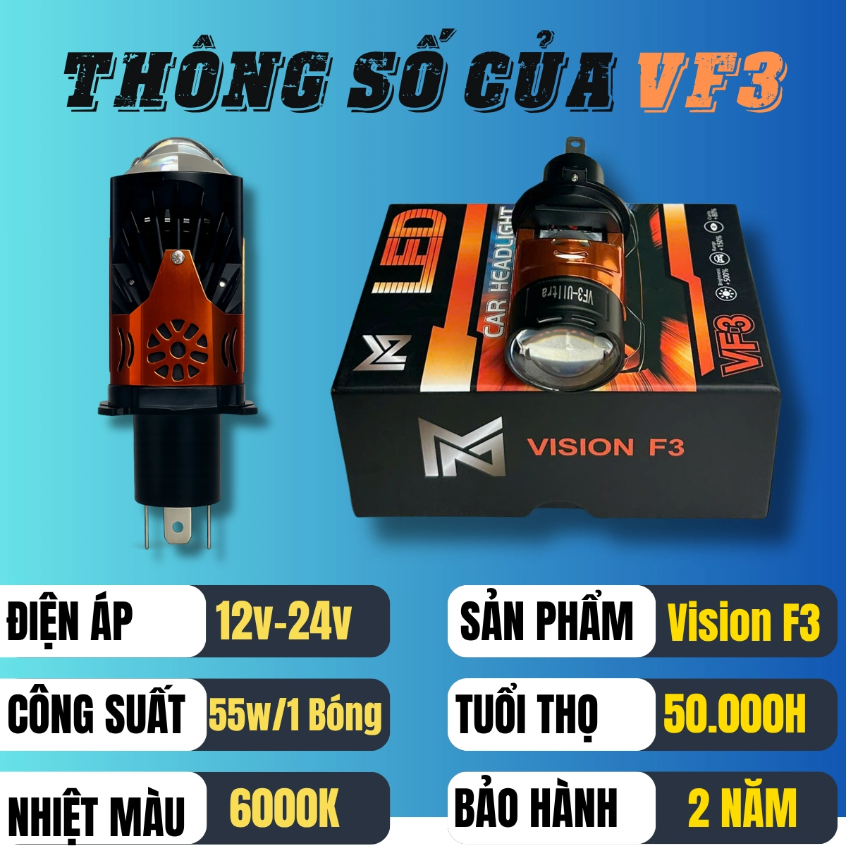 Đèn Pha BI MINI VISON F3 H4 - 55W Bh 2 năm Tặng Kèm 1 Hậu Audi