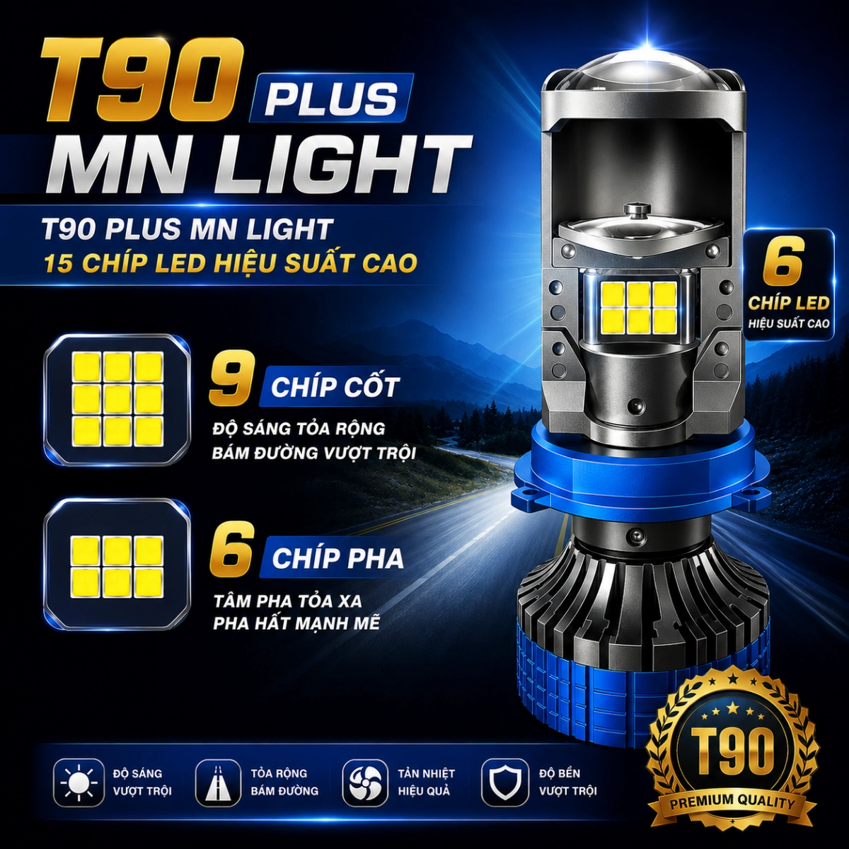 ĐÈN PHA Led T90 Plus + CHÂN H4 trong phân khúc Bi Cầu MiNi - Bảo hành 2 năm lỗi 1 đổi 1 ! Đèn Pha Đèn Ô Tô Máy H4 12v vs 24v