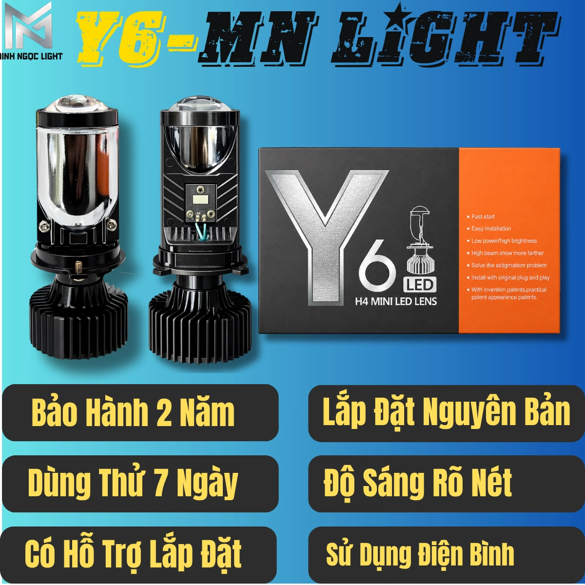 ĐÈN PHA LED Y6-H4 Mẫu mới 2026 .  Bảo hành chính hãng 2 năm lỗi 1 đổi 1 trong 730 ngày - Mang lại ánh sáng tốt và cảm giác lái an toàn Đèn Pha Đèn Phụ Tùng