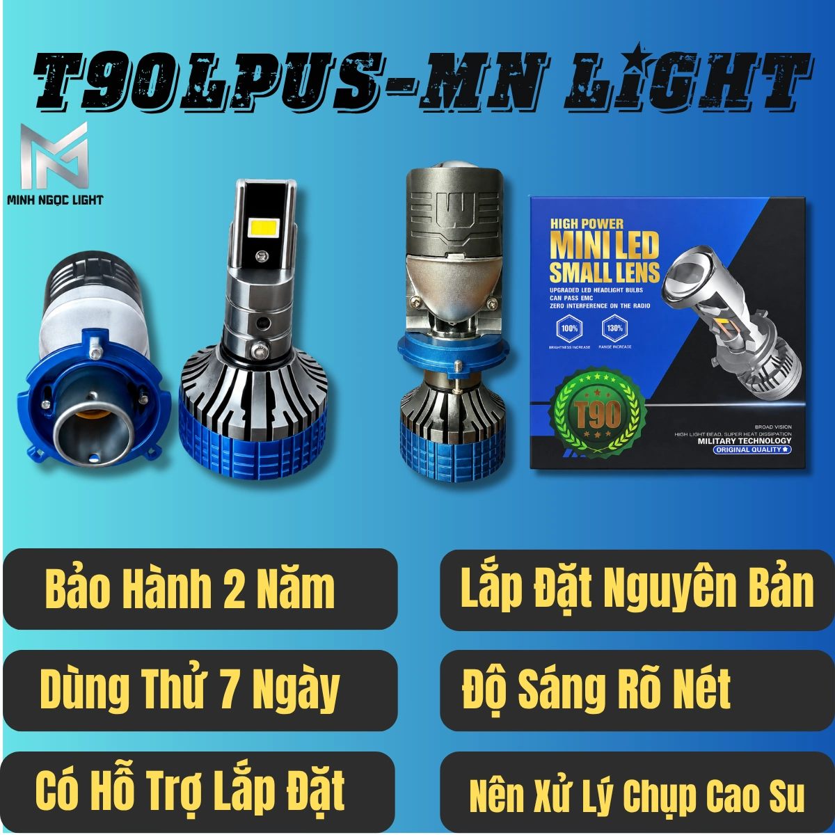 ĐÈN PHA Led T90 Plus + CHÂN H4 trong phân khúc Bi Cầu MiNi - Bảo hành 2 năm lỗi 1 đổi 1 ! Đèn Pha Đèn Ô Tô Máy H4 12v vs 24v