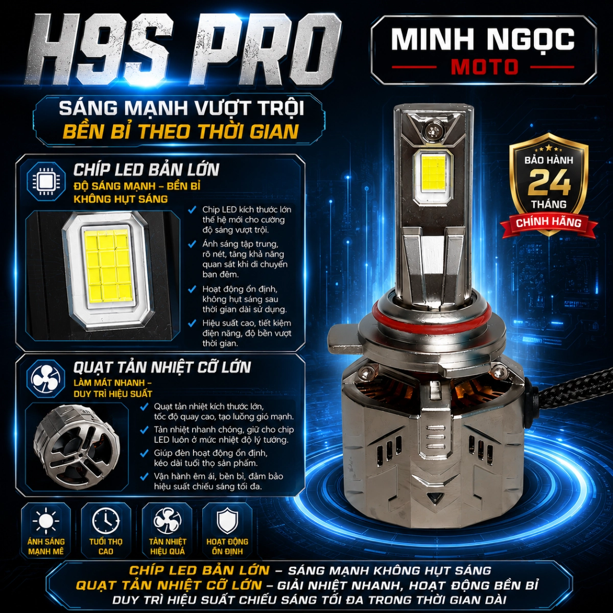 Đèn led tăng sáng H9S -115w- BH 24 Tháng lỗi 1 đổi 1 Dành cho OTo Xe Máy 12 và 24V Bảo Hành 2 năm Đèn Pha