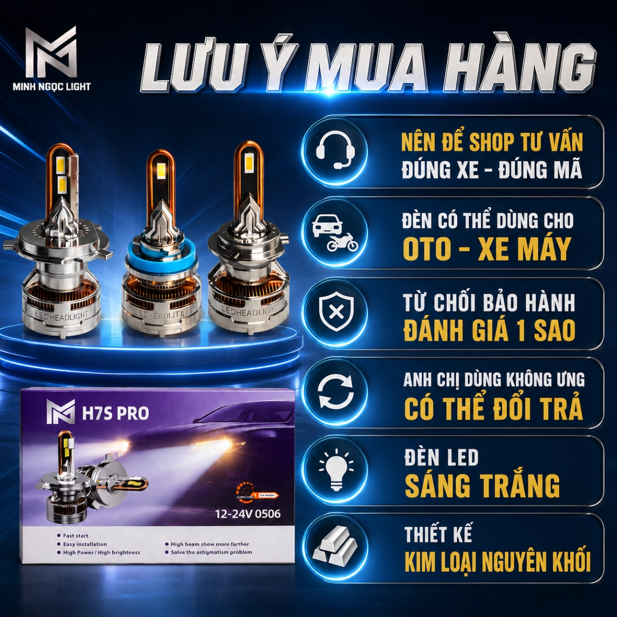 Đèn Led H7S Mẫu 6/2026 Chân H4, H11 BH 24 Tháng