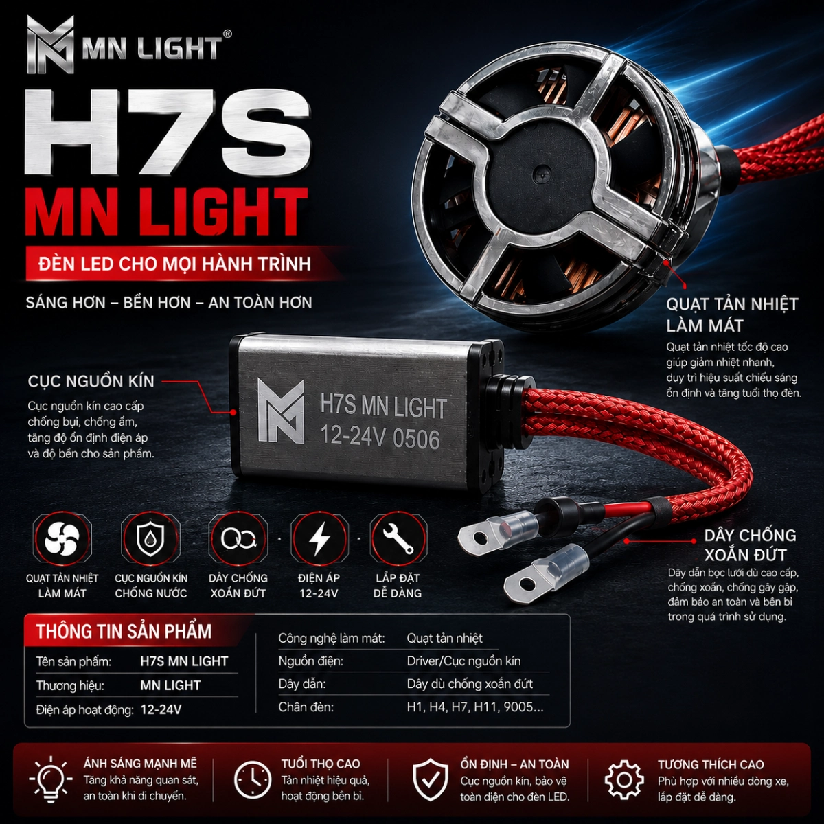 Đèn Led H7S  Mẫu 6/2026 Chân H4, H11 BH 24 Tháng
