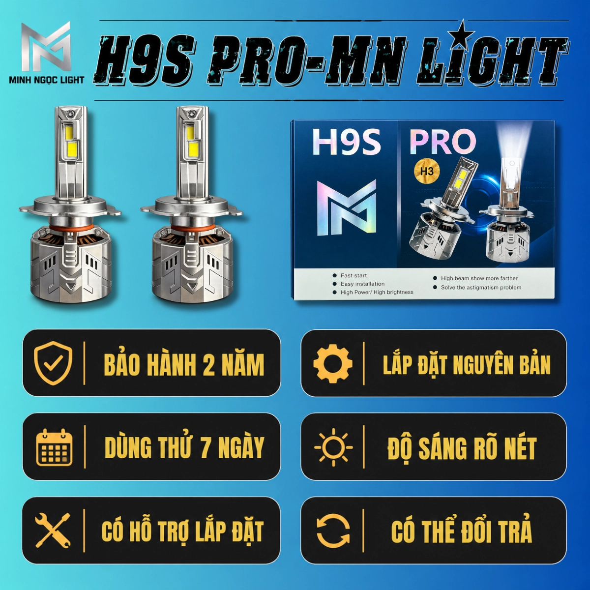 Đèn led tăng sáng H9S -115w- BH 24 Tháng lỗi 1 đổi 1 Dành cho OTo Xe Máy  12 và 24V Bảo Hành 2 năm Đèn Pha