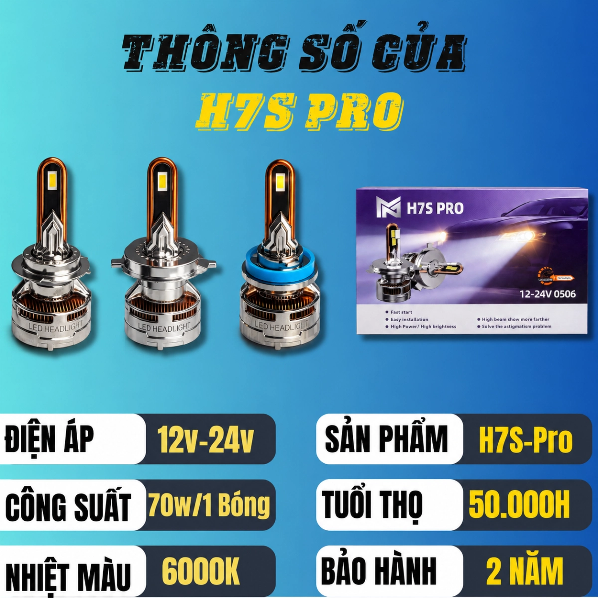 Đèn Led H7S  Mẫu 6/2026 Chân H4, H11 BH 24 Tháng